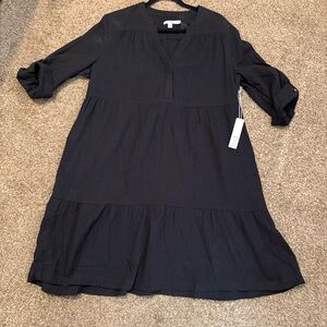 Chico's tiered gauze black short dress 3/4 roll tab  sleeves Size 2.5 16/18